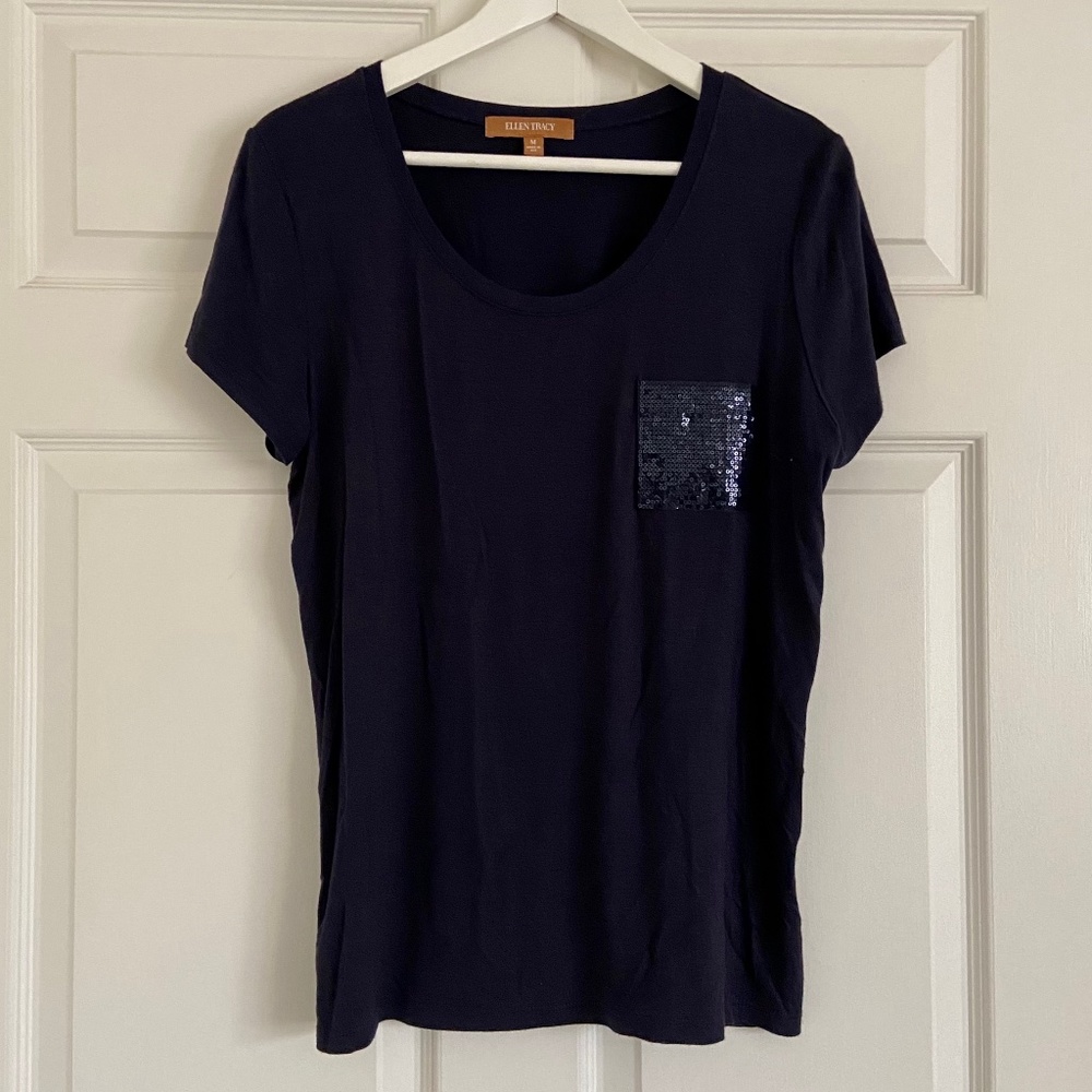 Ellen Tracey Navy Blue Sequin Pocket Tee Shirt